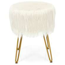 Faux Fur Vanity Stool Chair With Metal Legs For Bedroom And Living Room - 白色 - 查看 8