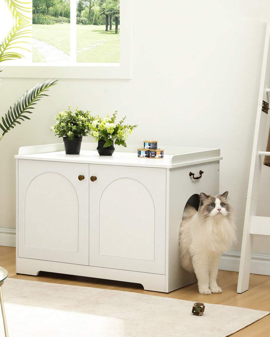 HaluPeit Cat Litter Box Enclosure With Handles, Hidden Cat Litter Box Furniture With Removable Partition, Wooden Pet House Side Table, For Living Room, Bedroom - White - View 1