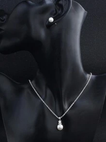 3pcs Simple Basic Pearl Decor Necklace & Earrings Set Women's Versatile Jewelry Set - Silver - View 3
