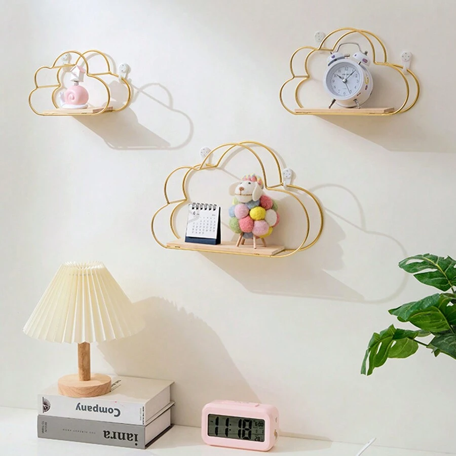 壁挂式浮动搁架金色云形，现代金属壁架，简易木质隔断储物架，适用于卧室、客厅、厨房和办公室的墙壁装饰架，秋季家居装饰房间装饰