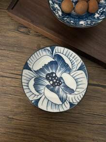 1 pièce Assiette à fruits vintage en céramique, assiette à gâteau et dessert bleu et blanc sur pieds hauts pour le salon, plat à collation en tant que cadeau de Noël souvenir