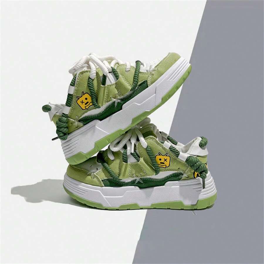 最新款女士時尚厚底運動鞋,適用於所有季節,帶鞋帶,防滑,適用於休閒場合,韓國街頭風格,鞋底厚實 - 綠色 - 查看 1