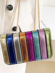 Metallic Litchi Patterned Simple Rainbow Splicing Small Square Bag, Fashionable Personalized Versatile Chain Shoulder & Crossbody Bag For Women, Funky, Punk & Bag For Street Wear, Rainbow Bag - Multicolor - View 4