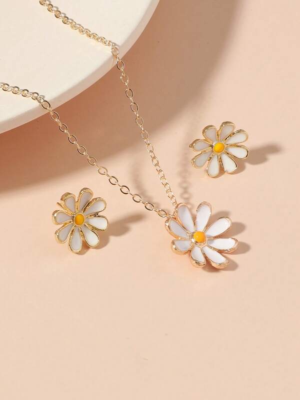 1 Set Daisy Flower Beaded Chain Necklace With Matching Earrings