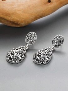 花朵细节圆形吊坠耳环 情人节、妈妈、母亲、母亲节、礼物 - 銀色 - 查看 4