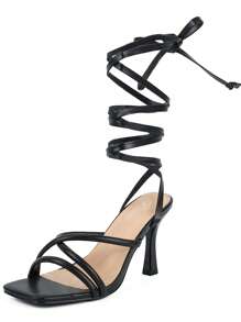 Wedding Heels ,Women Tie Up Stiletto Heels ,Summer Sexy Heels ,Party Strappy Heels ,Square Open Toe Sandals Prom - 黑色 - 查看 1