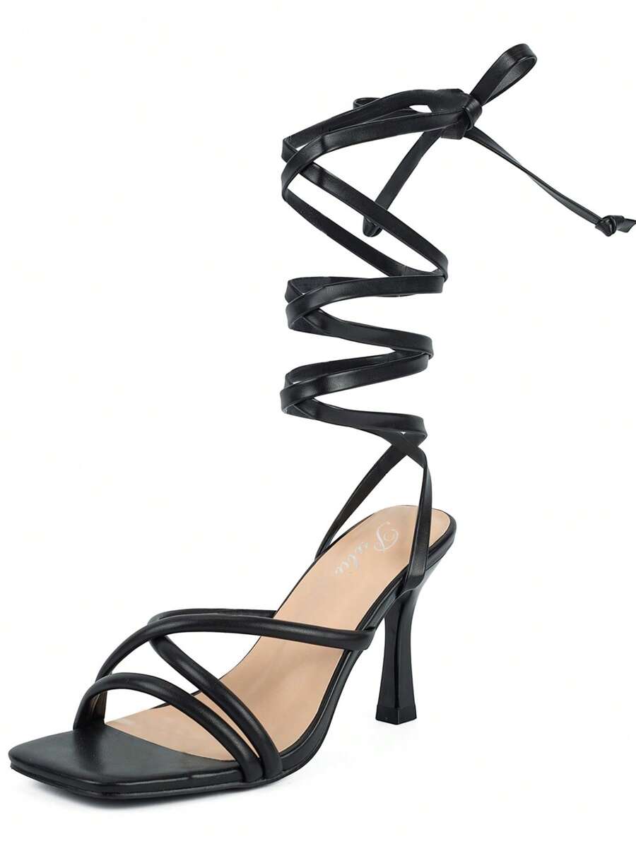 Wedding Heels ,Women Tie Up Stiletto Heels ,Summer Sexy Heels ,Party Strappy Heels ,Square Open Toe Sandals Prom - 黑色 - 查看 1