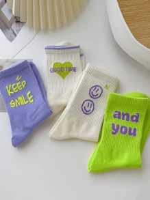 隨機發貨4雙女士荧光綠色色彩字母及微笑臉印花運動風格中筒襪，適合日常穿著 - 彩色 - 查看 2