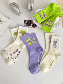 隨機發貨4雙女士荧光綠色色彩字母及微笑臉印花運動風格中筒襪，適合日常穿著 - 彩色 - 查看 1