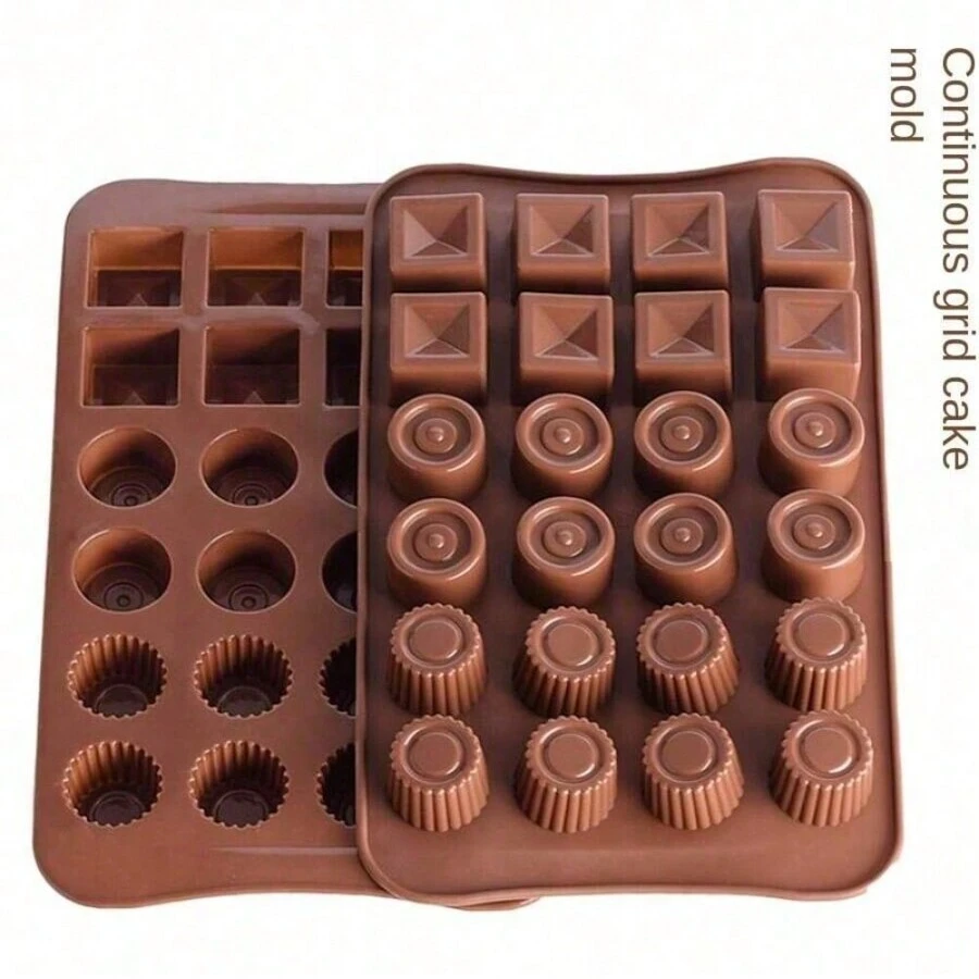 1pc 24-Cavity Silicone Chocolate Candy Cake Baking Mold, Square And Multi-Shape, For Making Crystal Drops - Coffee Brown - View 1