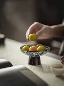 1 pièce Assiette à fruits vintage en céramique, assiette à gâteau et dessert bleu et blanc sur pieds hauts pour le salon, plat à collation en tant que cadeau de Noël souvenir