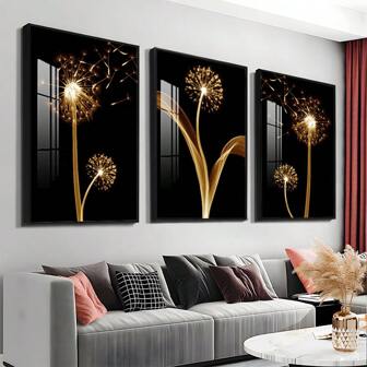 Pintura de lienzo de arte de pared de 3 piezas con diente de león dorado abstracto, adecuado para la decoración de sala de estar, sin marco, póster