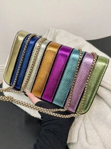Metallic Litchi Patterned Simple Rainbow Splicing Small Square Bag, Fashionable Personalized Versatile Chain Shoulder & Crossbody Bag For Women, Funky, Punk & Bag For Street Wear, Rainbow Bag - Multicolor - View 3