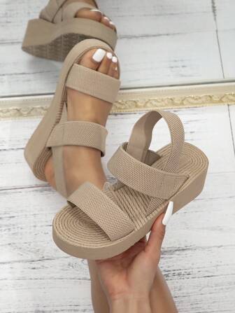 Women's Solid Color Wedge Heel Thick-Soled Open-Toed Sandals With Rope Textured Sole For Summer