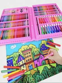 1 Caixa Conjunto De Ferramentas De Pintura Com 168 Peças Selecionadas Aleatoriamente, Incluindo Lápis De Cera, Lápis De Cor, Canetas De Aquarela, Etc. Adequado Para Crianças E Designers De Arte - Rosa chiclete - Visão 7