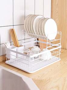Kitchen Shelves Cutlery Storage Draining Dish Rack Draining Rack Countertop Organizing Double Dish Rack Metal Storage Racks - White - View 4