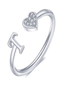 1 件装小心心 A-Z 字母戒指可调节开口戒指首字母名字字母女性派对珠宝情人节 - 銀色 - 查看 24