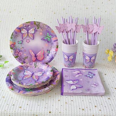 80pcs Purple Butterfly Themed Disposable Tableware Set (Paper Plates & Napkins) For Birthday, Shower, Wedding Party Supplies