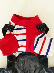 Pet Dog Striped & Color Block Dungarees Jumpsuit With Four Legs Pants - Red - View 5