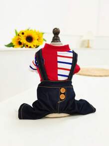 Pet Dog Striped & Color Block Dungarees Jumpsuit With Four Legs Pants - Red - View 1