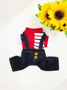 Pet Dog Striped & Color Block Dungarees Jumpsuit With Four Legs Pants - Red - View 4