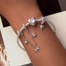 WOSTU 1颗925纯银芭蕾舞女孩心形珠子或芭蕾舞鞋蝴蝶结扣珠链天鹅吊坠珠，适合女性DIY手链和项链，精美珠宝礼品，粉色系列，婚礼新娘珠宝 - 淺粉色 - 查看 6