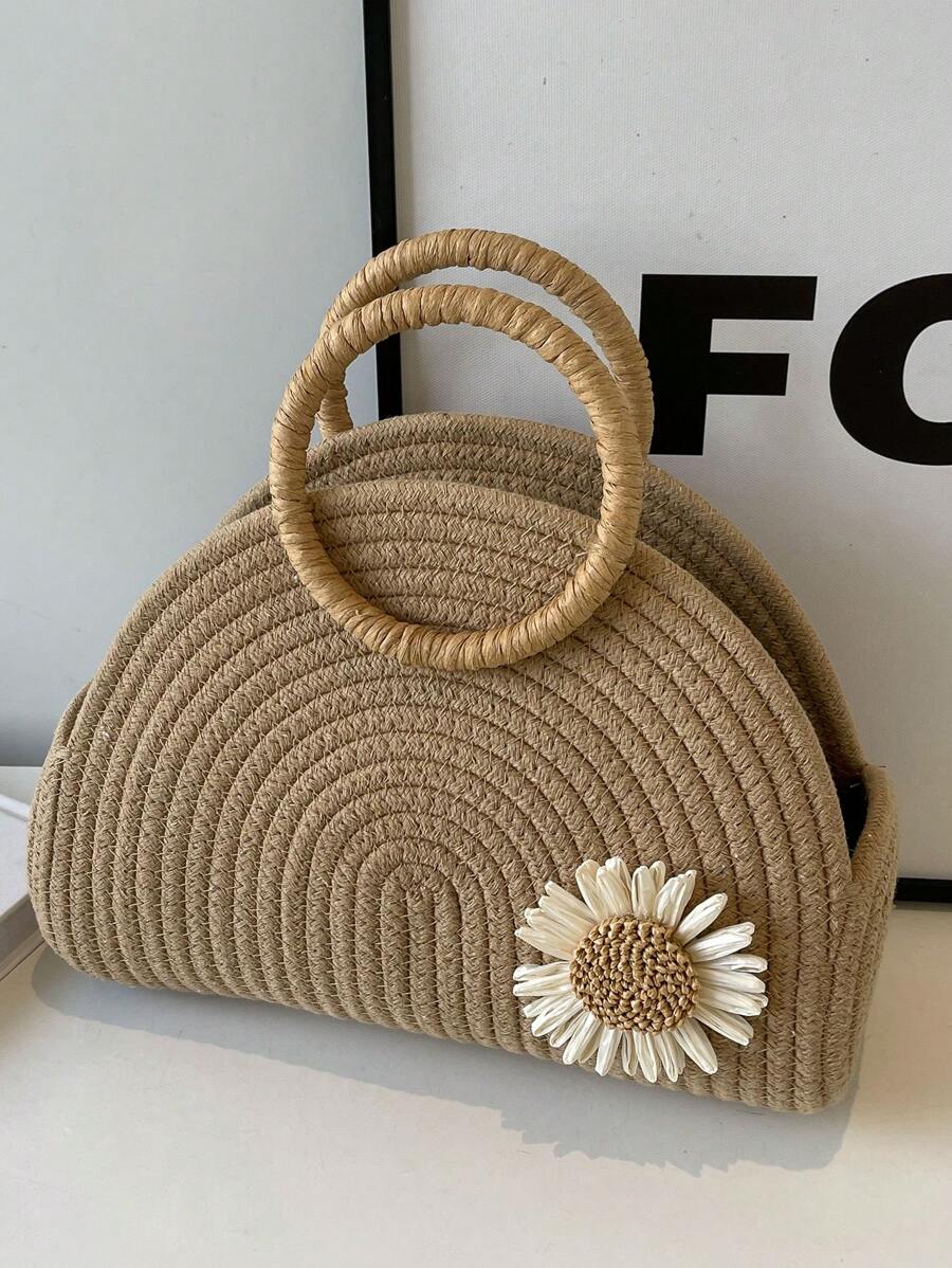 Straw Semi-Circular Tote Bag,Ring Top-Handle Woven Basket With Daisy Decor,Bohemia Travel Crossbody Bags,Women's Fashionable Solid Color Handbag For Summer,Outdoor Picnic Basket,Perfect For Gifts,Storage,And Living Room Decor,Summer Essentials Women Bags, Beach Essentials Women Bags For Vacation & Holiday, Fashionable Vacation Bag For Summer, Summer Straw Beach Bag For Women, Hottest Beach Bags For Women, Newest Holiday Bag - Khaki - View 1