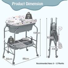Folding Baby Changing Table With Bathtub, Infant Diaper Changing Station, Portable Newborn Dresser Unit With PVC Pad, Storage Tray And Wheels - Grey - View 5