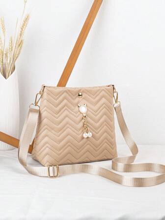 全新时尚波浪图案缝线仿珍珠装饰女士单肩包、斜挎包、水桶包、小方包，带可调节肩带长度，适合日常佩戴