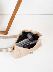 全新时尚波浪图案缝线仿珍珠装饰女士单肩包、斜挎包、水桶包、小方包，带可调节肩带长度，适合日常佩戴 - 杏色 - 查看 6