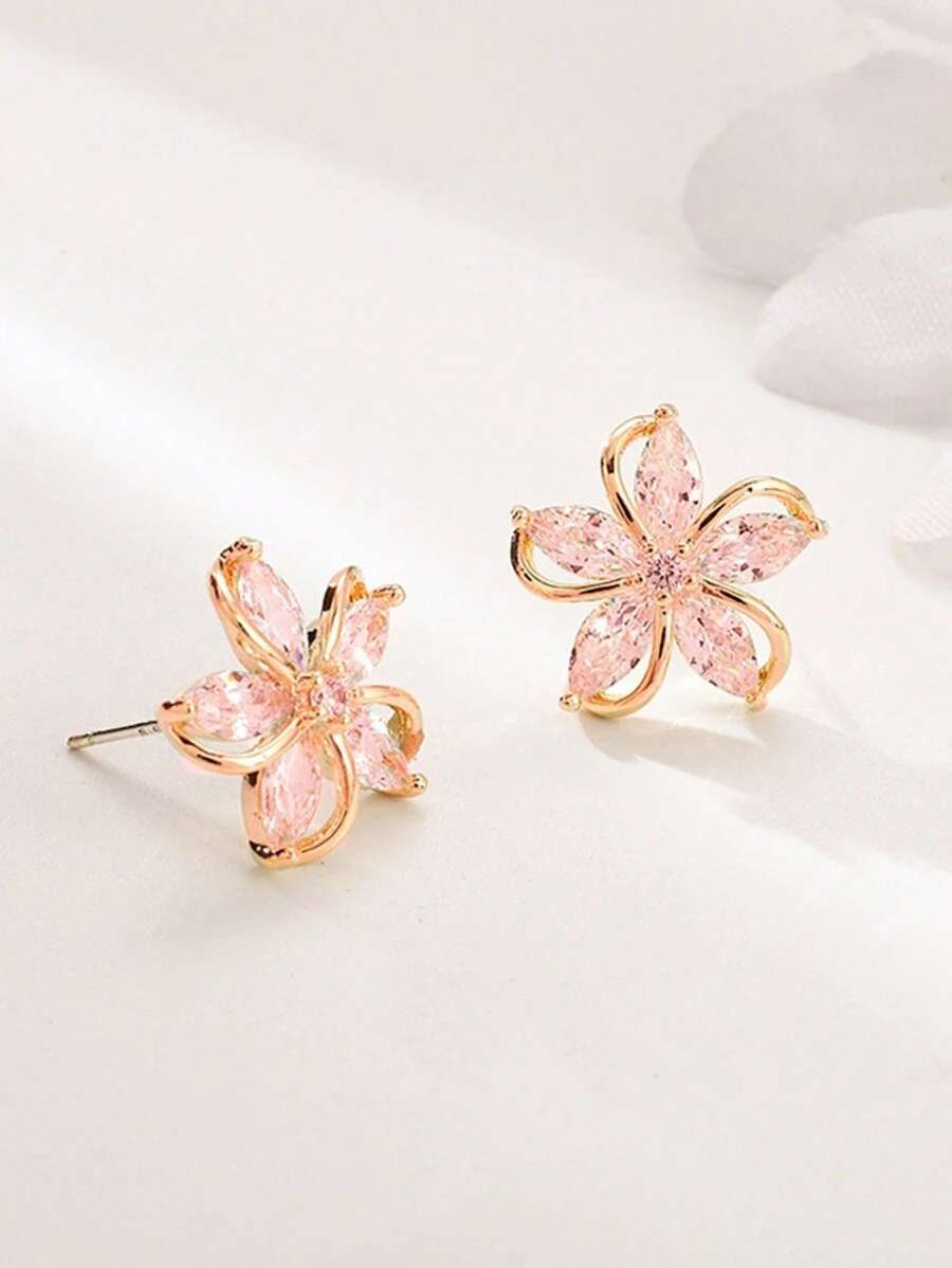 1 对时尚百搭小花朵设计方晶锆石耳钉，适合女士，日常佩戴珠宝，情人节、妈妈、母亲、母亲节、礼物 - 粉紅鑽石 - 查看 1