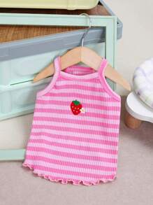1件草莓和条纹刺绣宠物时尚粉色吊带背心