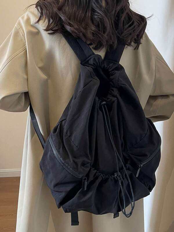 1pc Fashionable Simple Design Solid Large Capacity Nylon Women's Backpack With Adjustable Strap,Drawstring Closure,Suitable For Daily Commuting And Shopping,Tready Backpack,Bag For School,Bag School,School Bag,Portable,Laptop Compartment,Large Capacity,For Teen Girls Women College Students,College,Middle School,High School,Outdoors,Travel,Outings,Elementary School,Office