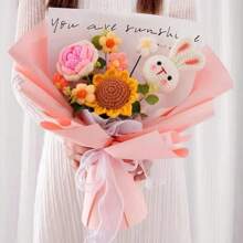 Handmade Crochet Knit Flower Bouquet, Everlasting Flower Craft Gift For Birthday, Teacher's Day Gifts Graduation - Blue Flower Rabbit - View 1