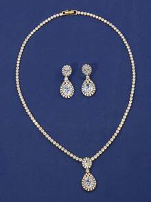3 件套女士项链和耳环套装，梨形晚会配饰珠宝，镶嵌 AAA 锆石，适合婚礼活动和正式场合 - 金底 - 查看 1