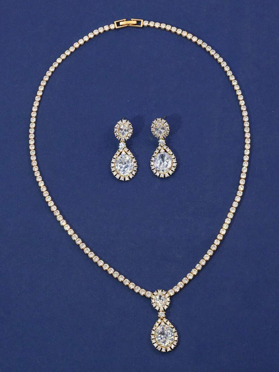 3 件套女士项链和耳环套装，梨形晚会配饰珠宝，镶嵌 AAA 锆石，适合婚礼活动和正式场合 - 金底 - 查看 1