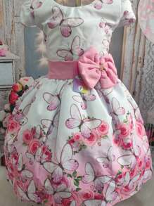 Vestido Luxo Borboletas Com Saiote Tule Rodado Bem Armado Para Festa Infantil daminha de honra ou aniversario