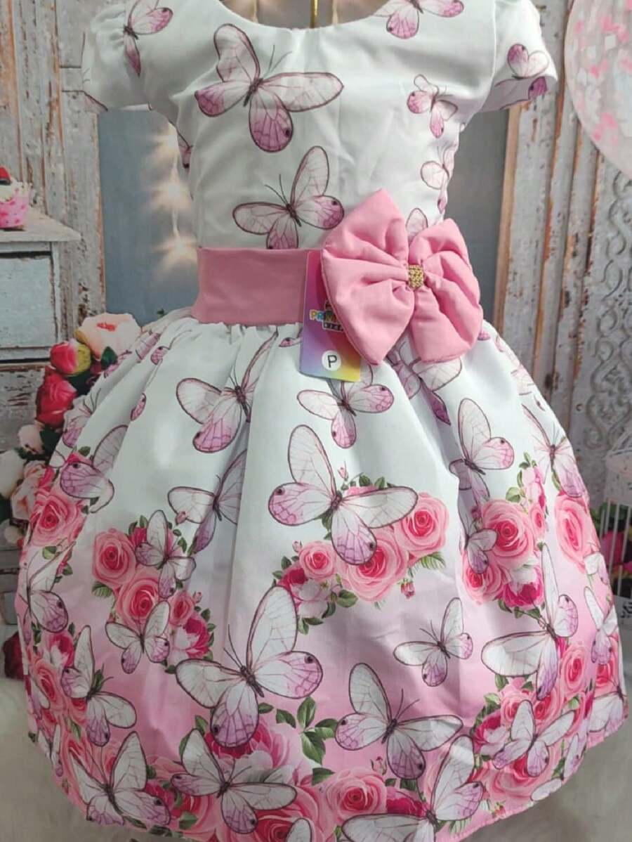 Vestido Luxo Borboletas Com Saiote Tule Rodado Bem Armado Para Festa Infantil daminha de honra ou aniversario