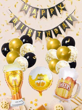 19pcs Black & Gold Happy Birthday Banner Balloon Set, Includes Confetti Balloons, Banner, Beer Mug Balloons, Ideal For Men & Women Birthday Party Supplies