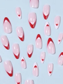 24入組/套 長形杏仁形法式紅色心形設計假指甲套裝，含1支果凍膠和1個指甲修整器，適用於女性和女孩的日常生活和派對美甲用品