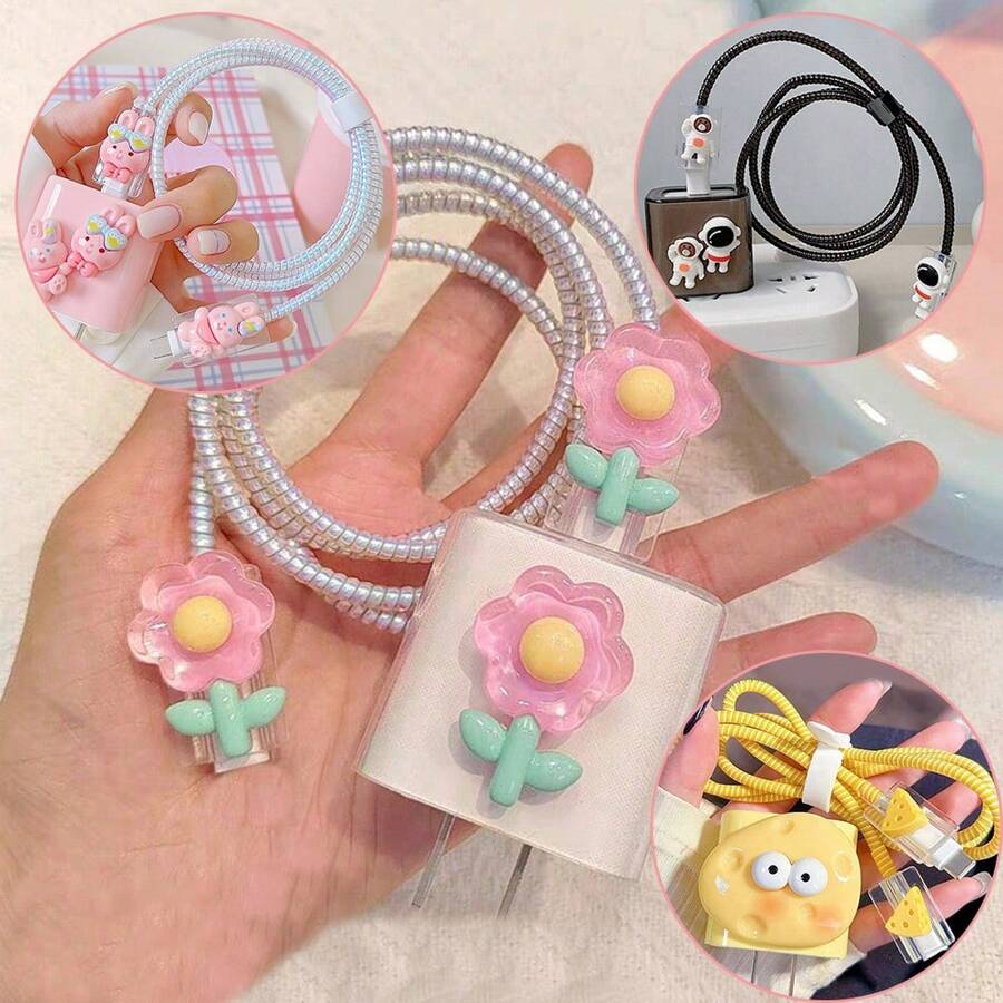 5入組蘋果/兔子/宇航員/奶酪/花卉風格的充電線保護器,防止斷裂,兼容iphone充電器保護殼 - 彩色 - 查看 1