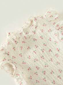 AMILA 2024年夏季新款少女花卉印花荷葉邊上衣和丹寧工裝背帶連衣裙套裝 - 藍色 - 查看 8