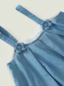 AMILA 2024年夏季新款少女花卉印花荷葉邊上衣和丹寧工裝背帶連衣裙套裝 - 藍色 - 查看 9