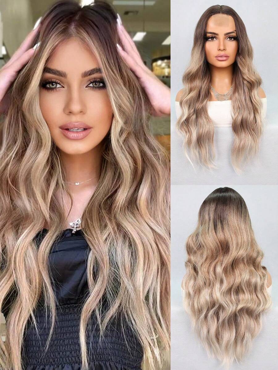 Peluca de Halloween, peluca sintética resistente al calor con parte frontal de encaje 4*2, larga y ondulada de color marrón mezclado con dorado, con raya al medio, de aspecto natural, fibra sintética resistente al calor, adecuada para uso diario y fiestas - Multicolor - Ver 1