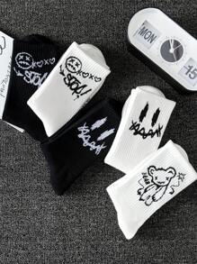 5 双男士黑白字母卡通熊百搭中筒吸汗袜，秋季 - 黑與白 - 查看 5