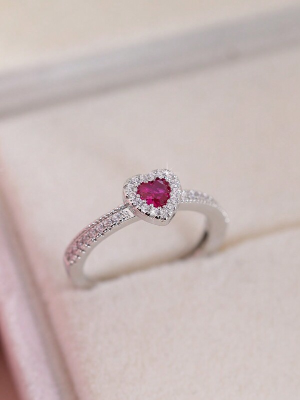 CVNANA 1pc Cute Zirconia Heart Silver-Tone Ring, Valentine's Gift For Her, Without Box,Mom,Mother,Mother's Day,Gift