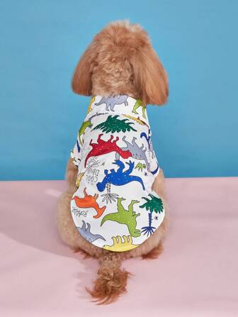 1件恐龙图案宠物衬衫，涤纶材质，沙滩度假风，男女通用猫狗服装