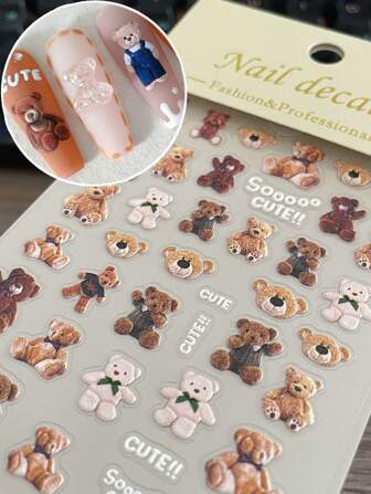 1pc 5d Embossed Vintage Print Multipurpose Sticker With Teddy Bear Doll Design For Nail Art, Scrapbooking And Phone Case Decoration Nail Stickers DIY