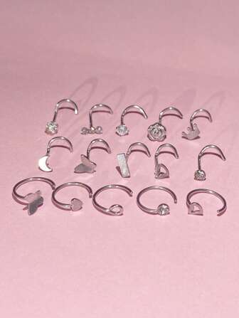 15PCS Nose Rings Set Hoop Stainless Steel Nose Studs Nose Piercing Jewelry For Women Men's Shaped Nose Screw Nose Rings Stud Body Piercing Jewelry
