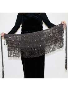 Women Belly Dance Skirt Tassel Sequin Hip Scarf Skirts Wrap Sparkly Costume For Christmas,Halloween Party Festival - Black - View 2